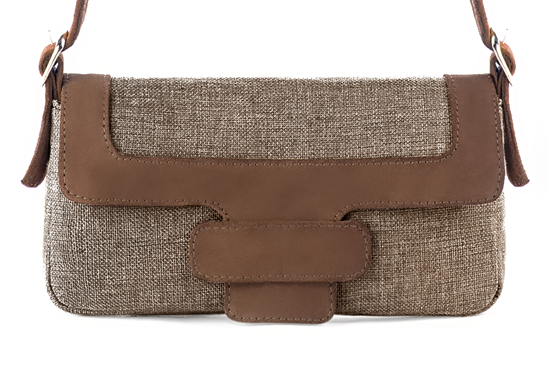 Tan beige and chocolate brown women's dress handbag, matching pumps and belts. Profile view - Florence KOOIJMAN
